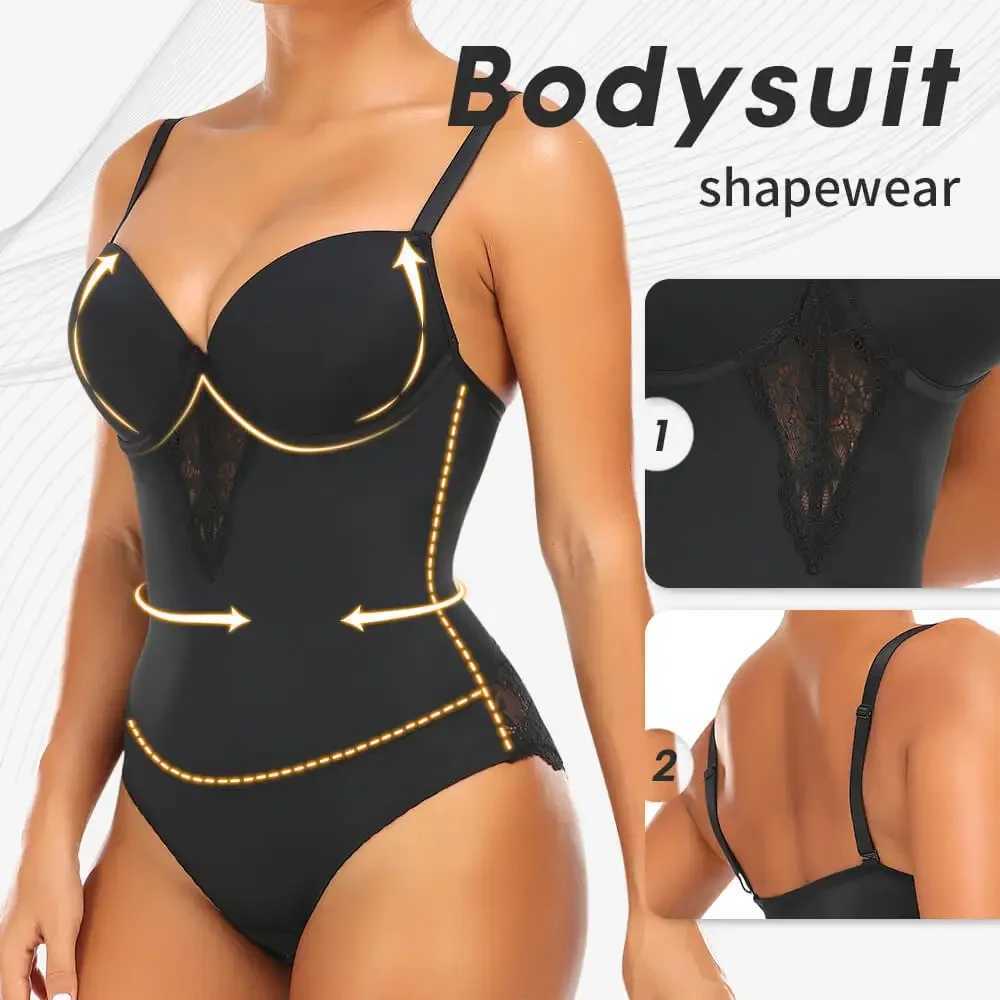 Colombian Fashion Thong Underwear Body Shapers Women Shapewear Bodysuit Sexy Lace Open Crotch Lingerie V-collar Wireless BraXJ250304
