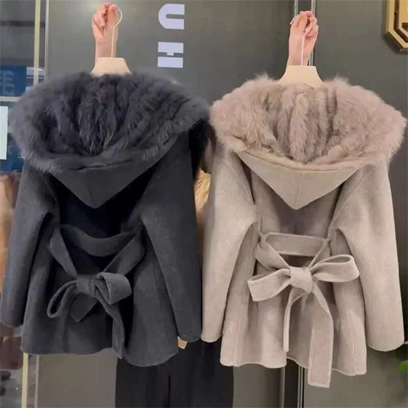 Pink Hooded Women's Autumn Winter Belt Popular Woolen Coat Fragrant Wind High End Lightweight Short Fur Neck