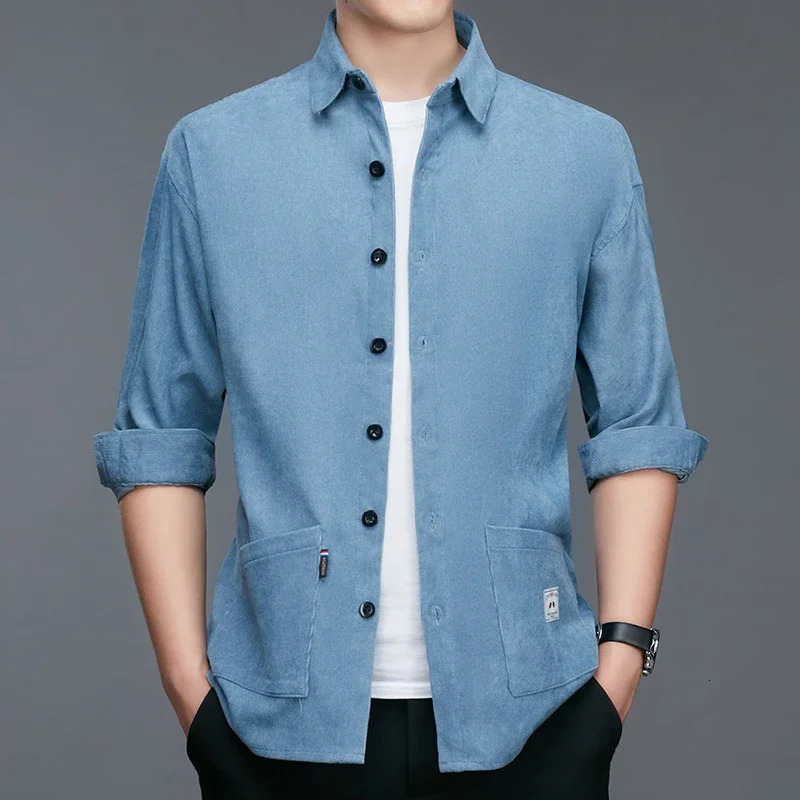 mens casual and fashionable long sleeved workwear shirt solid color comfortable and breathable all season top 250227