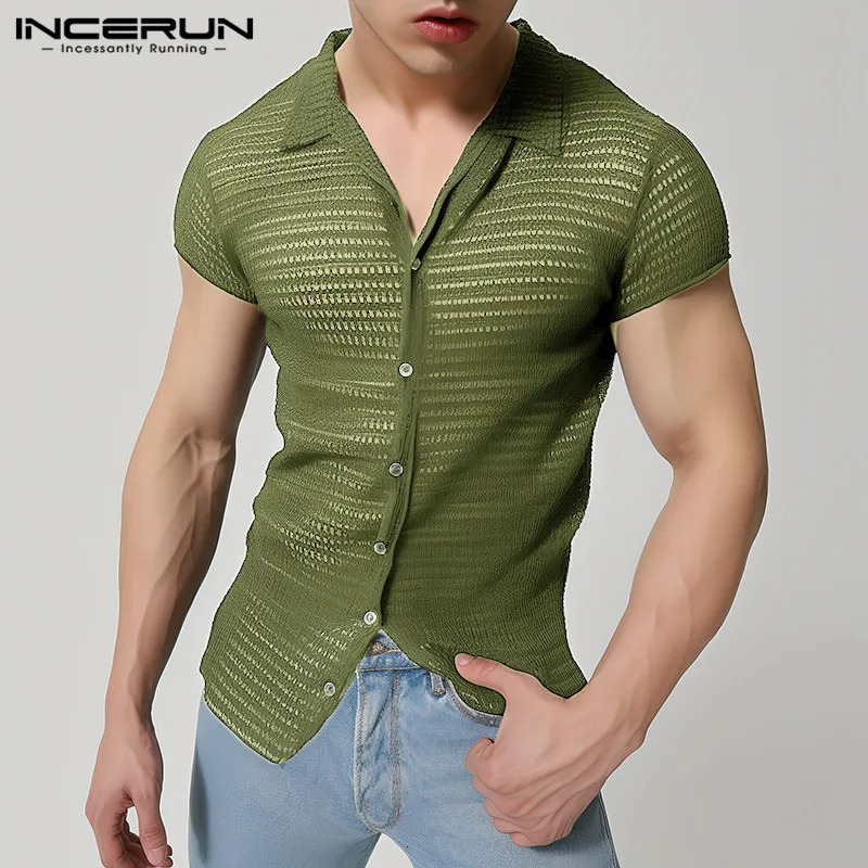 INCERUN Men Shirts Lapel Short Sleeve Mesh Transparent Hollow Out Men Clothing Streetwear Solid Color Fashion Camisas S-5XL 250304