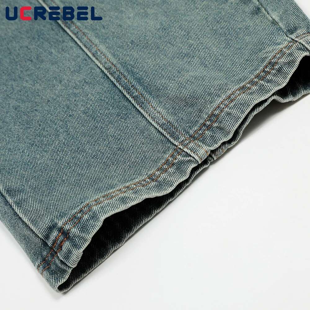 Spliced Washed Distressed Jeans Mens Retro High Street Loose Wide-Leg Denim Pants Men Trousers