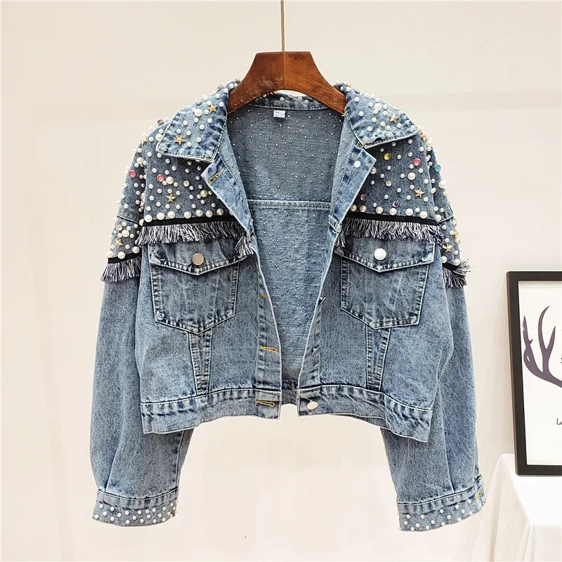 Women Spring Autumn Streetwear Denim Jacket Handstudded Pearls Punk Tassel Vests Femme Loose Short Jeans Coats 250303