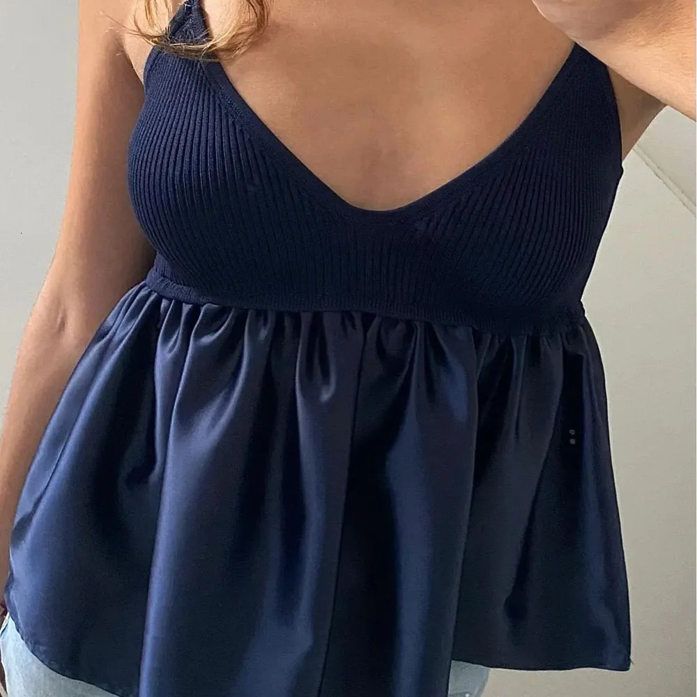 TRAF Blue Crop Top Womens Ruffle Knitted Camis Top Womens Shoulder Tight corset Top Womens No Back Tube Top 250228