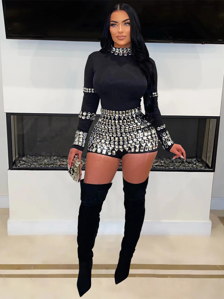 CM.YAYA Women Diamonds Rhinestones Long Sleeve Short Jumpsuits Summer Sexy Party Club One Piece Suit Rompers Playsuits 250303