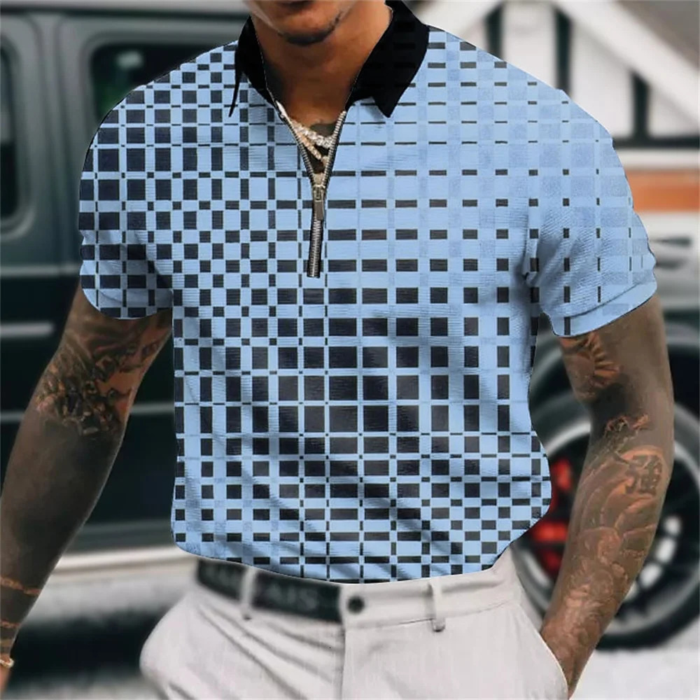 MenS Polo Shirt Plaid Print Zip Polo T-Shirt Summer Short Sleeve Daily Casual Golf Shirt High Quality Tops Fashion Men Clothing 250304