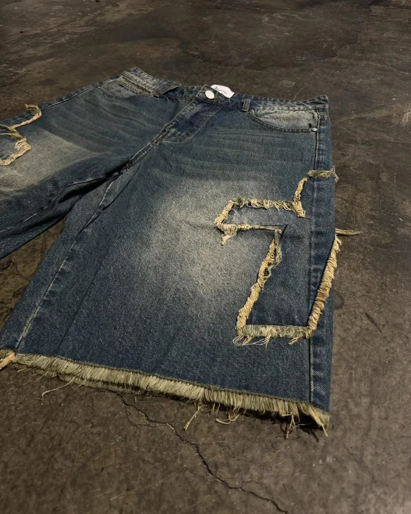 Street washed geometric cross embroidery raw edge high quality baggy denim shorts for womens y2k summer simple sports pants 250303