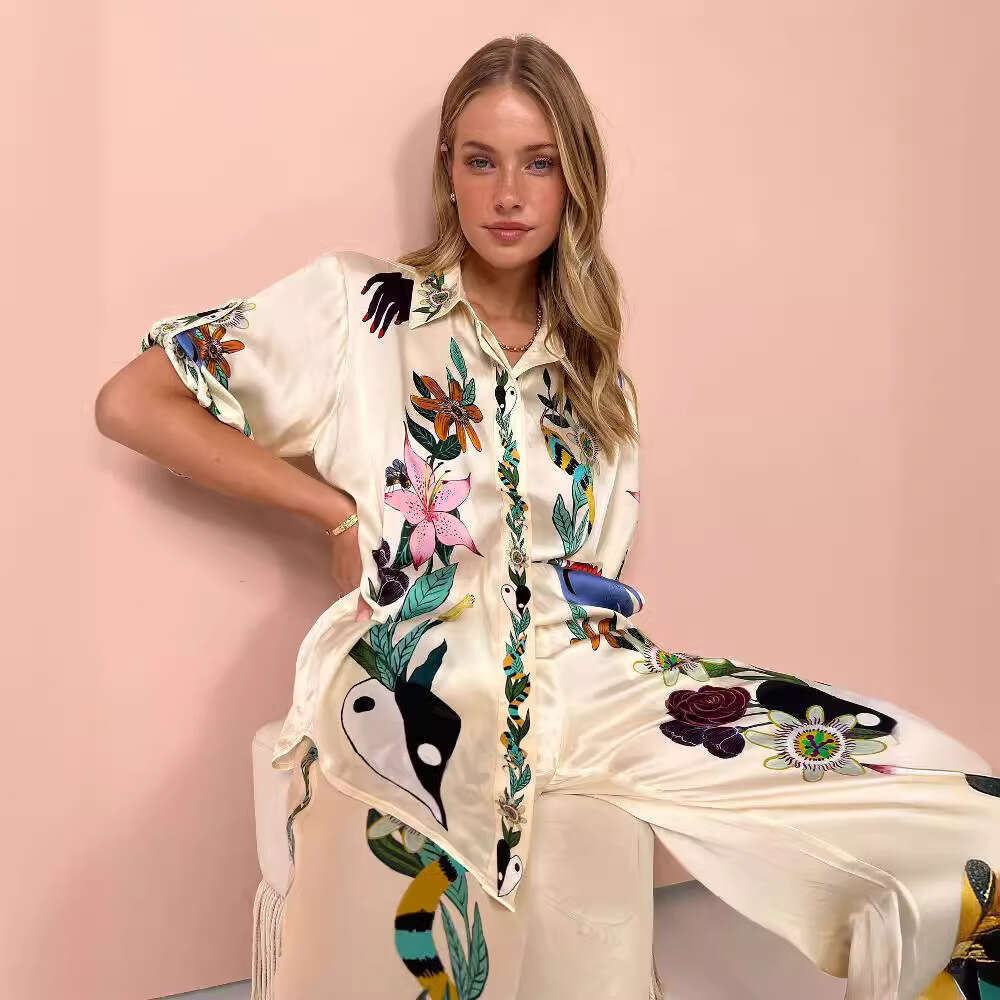European and American Graffiti Printed Satin Short Sleeve Collar Shirt+Long Pants Casual Two Piece Set 2025 Versatile New Trendy Clothing Ins