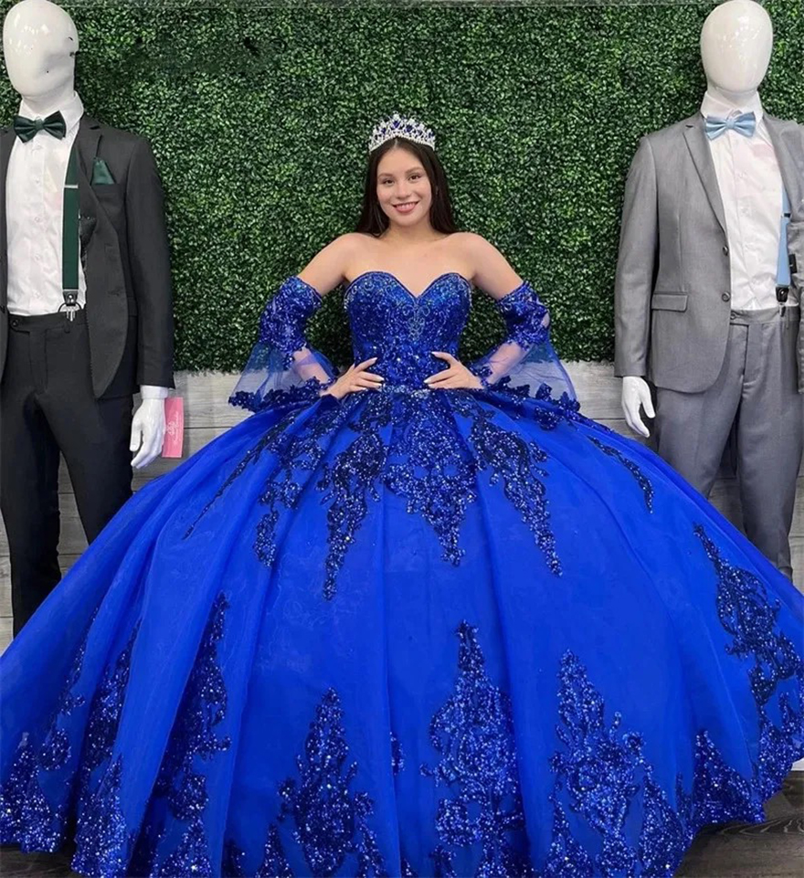 Sparkly Royal Blue Ball Gown Quinceanera Dresses 2025 Sequins Applique Sweet 16 Dress Birthday Party Vestidos De 15 Anos