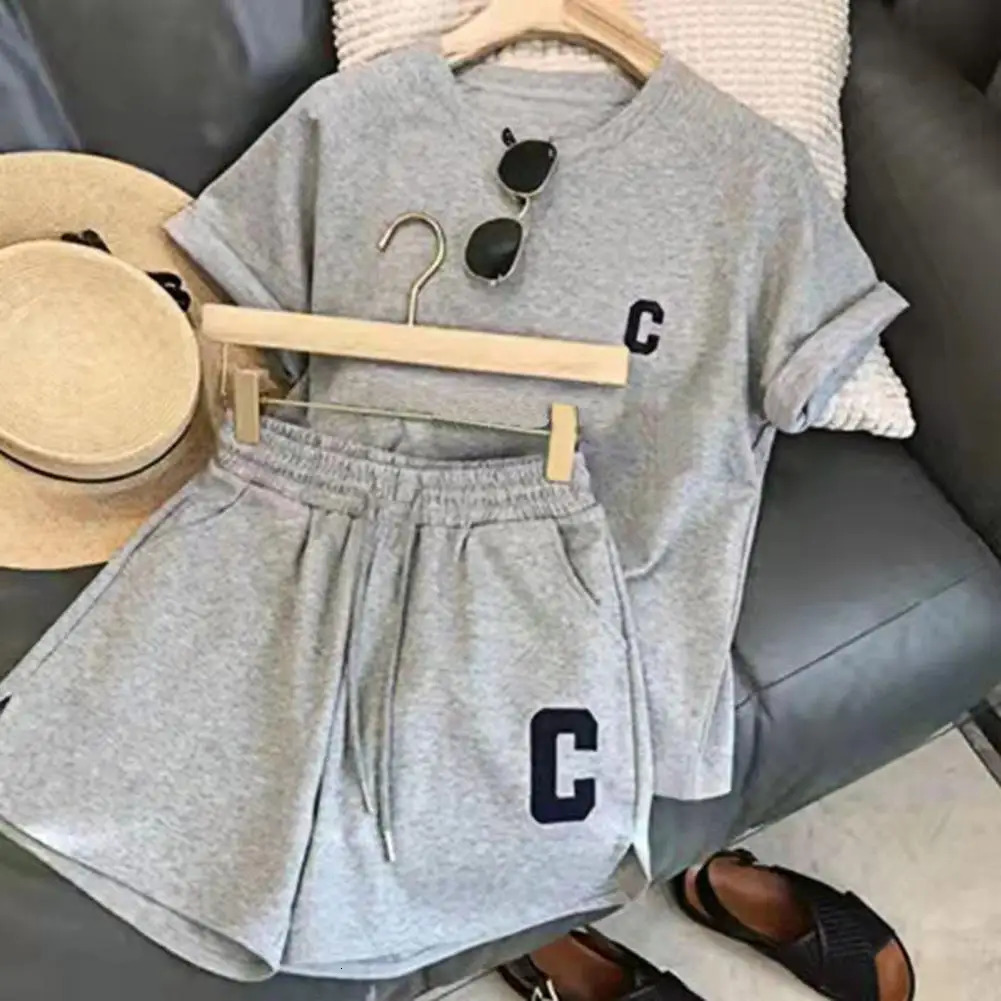 Casual Sports Suit Summer Short Tshirt Tops Wide Leg Shorts Fashion Running Two Piece Sets Clothing Sporty Outfit 250225