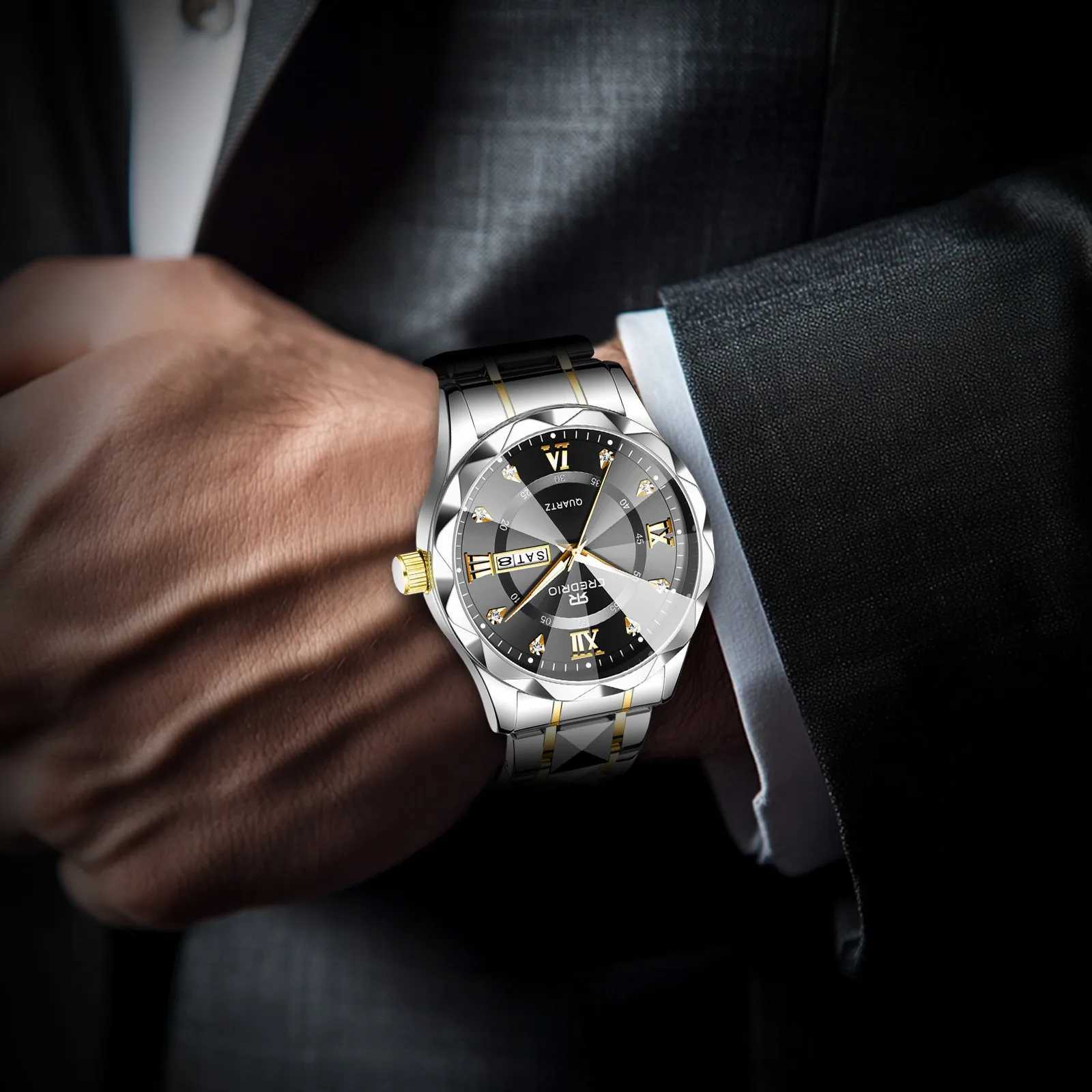 Mens Ice Rhinestone Luxury Luminous Waterproof Double Calendar Week Quartz Movement Stainl Steel Fashion BusinessXJ250304