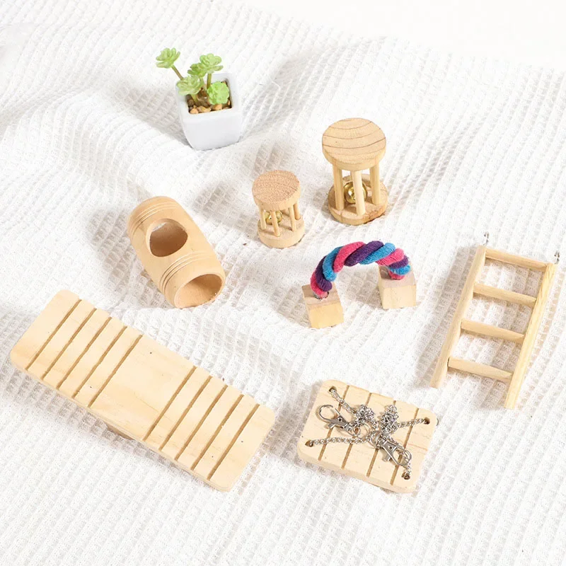 Cute Natural Wooden Rabbits Hamster Toys Pine Dumbells Unicycle Bell Roller Toys for Guinea Pigs Rat Small Pet Molars Supplies