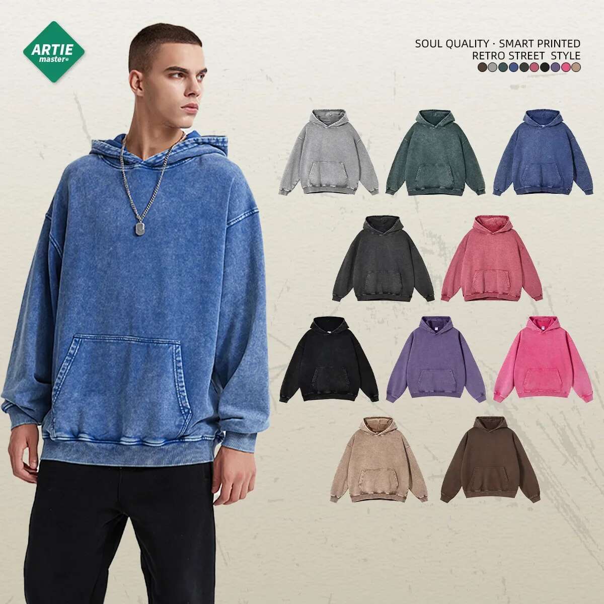 Men's Heavy 420G Retro Batik Old Hooded Loose Washing Water Men's Trendy Brand New Sweater