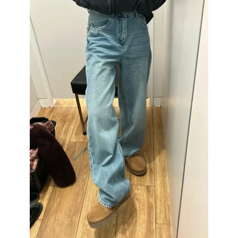 Streetwear Female Trousers Wide Leg Jeans for Women Blue High Waisted Denim Pants Y2k Womens Clothing 250227