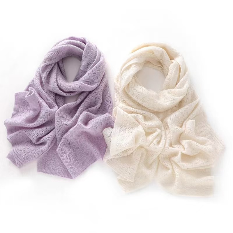 K042 Soft, skin-friendly 100% cashmere scarf for women, autumn and winter hollow knitted woolen scarf, versatile and warm, Korean style premium