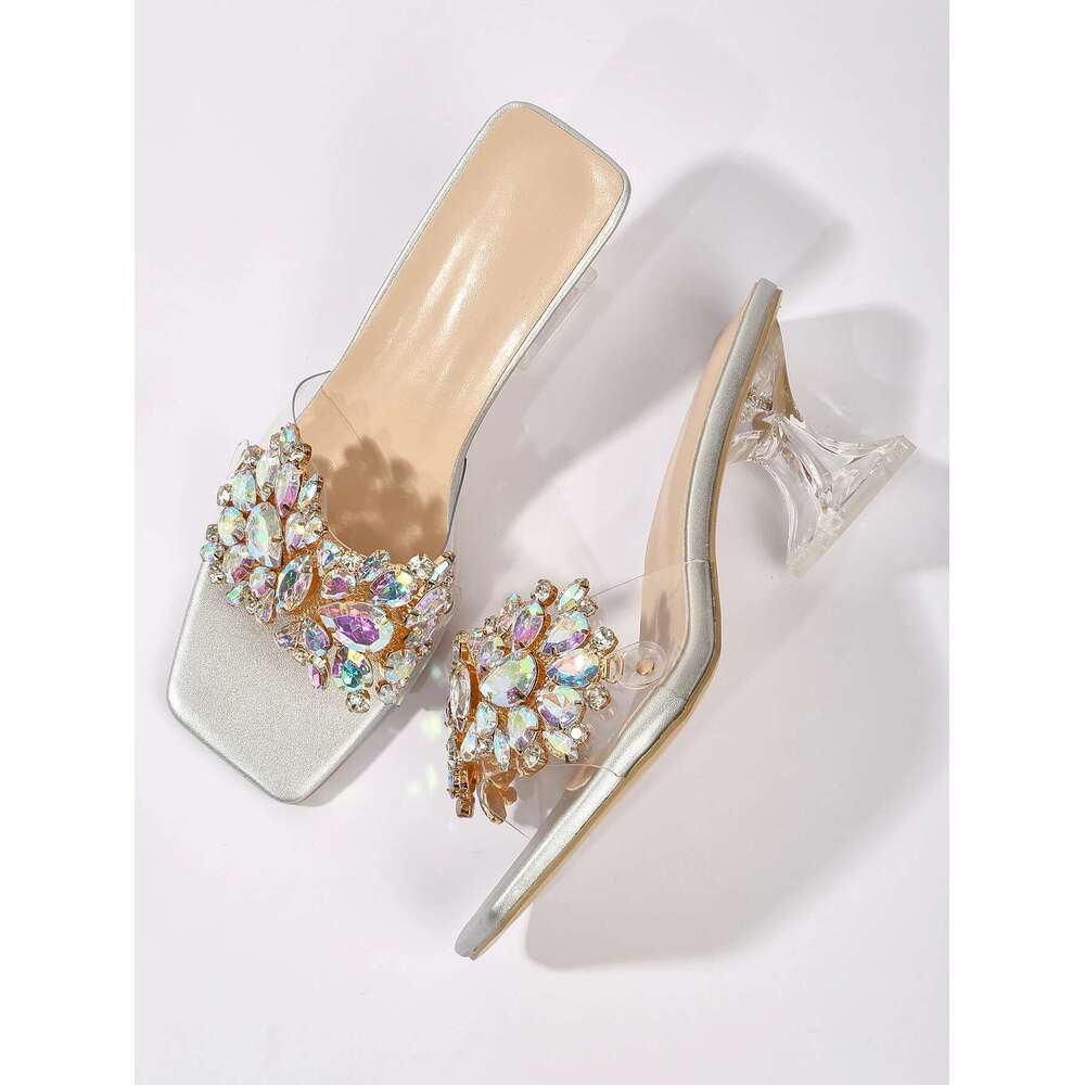 Sier Summer Bright Transparent Crystal Half Trailer High Heel with Thick Heels and Large Sized Outwear Fashion Sandals