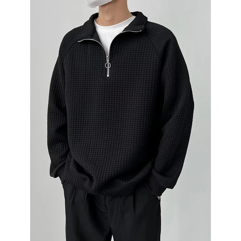 Waffle Plaid Long Sleeve Men Polo Half Zip Sweatshirts Fall Korean Fashion Harajuku Casual Loose Oversized Clothing Black White 250304