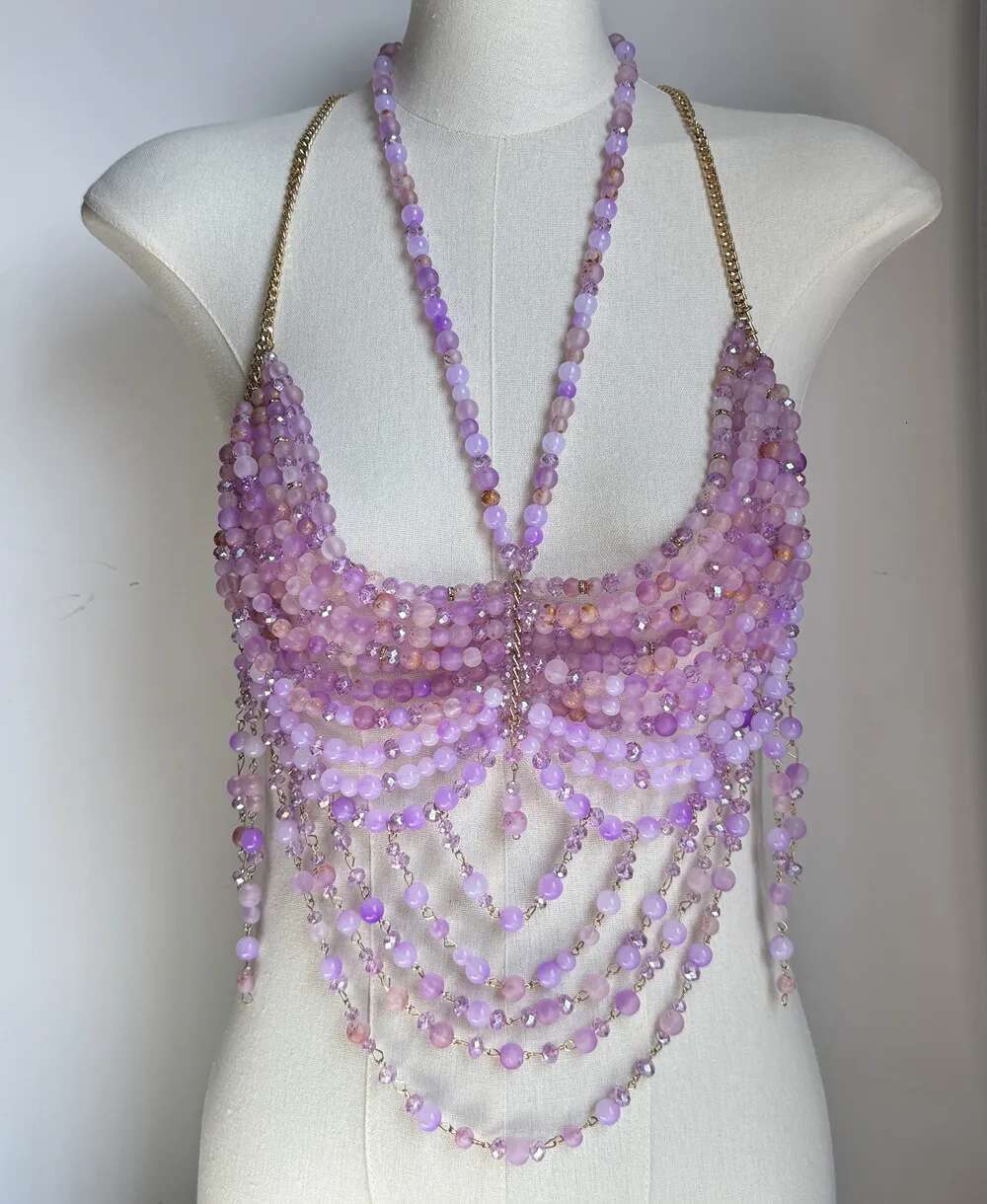 Ladies Chain Beading Camisole Vest Hollow Out Top Body Jewelry Exaggerated Pearl Neck Bustier Fashion Bra Women Club Rave