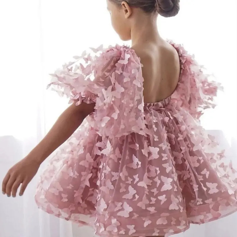 Fashion Baby Girl Princess Butterfly Tutu Dress Puff Sleeve Child Tulle Pageant Party Birthday Clothes 112Y 250303