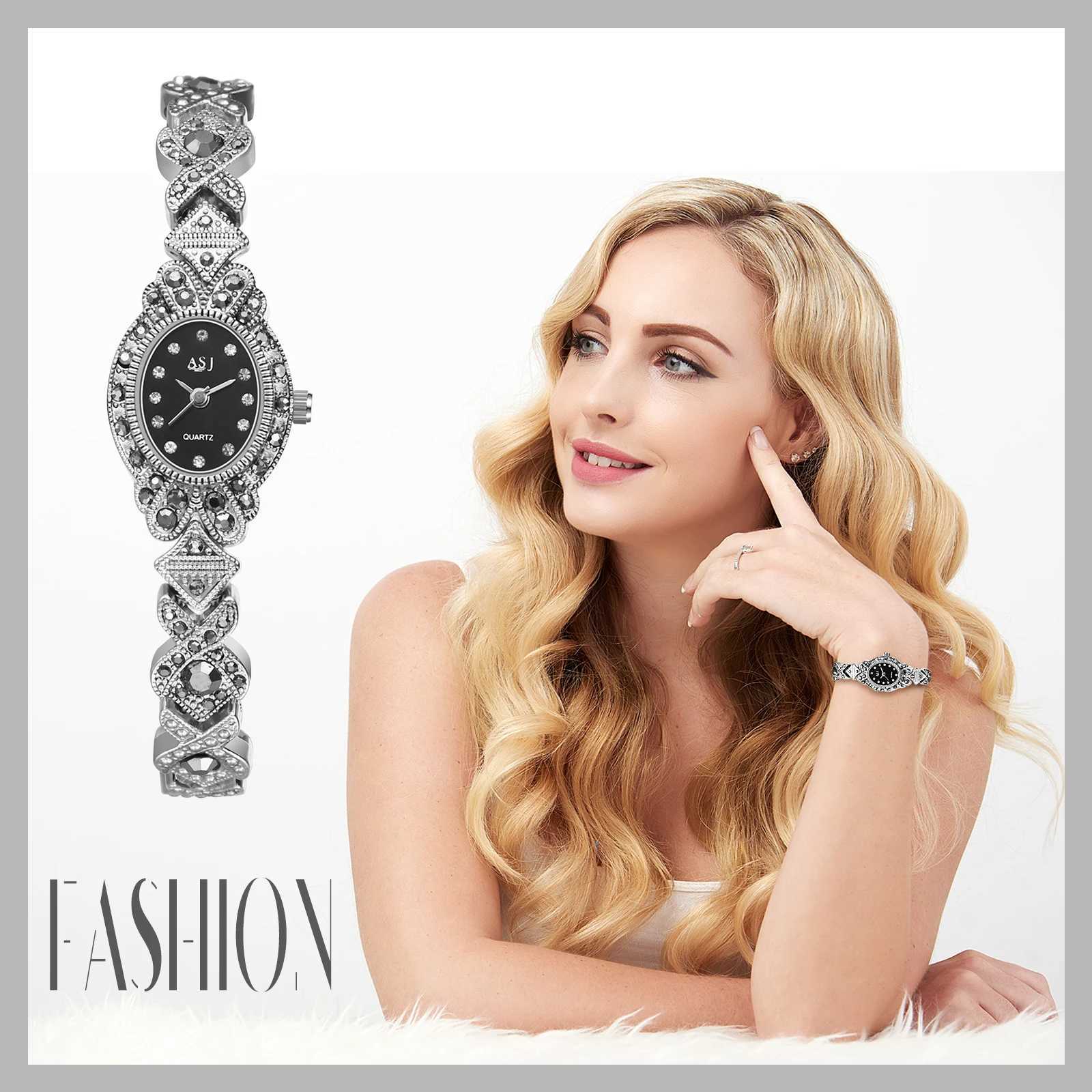 LANCARDO Womens Diamond Bracelet Black Shiny Diamond Vintage Floral Dial Quartz Silver Black Womens SmallXJ250304