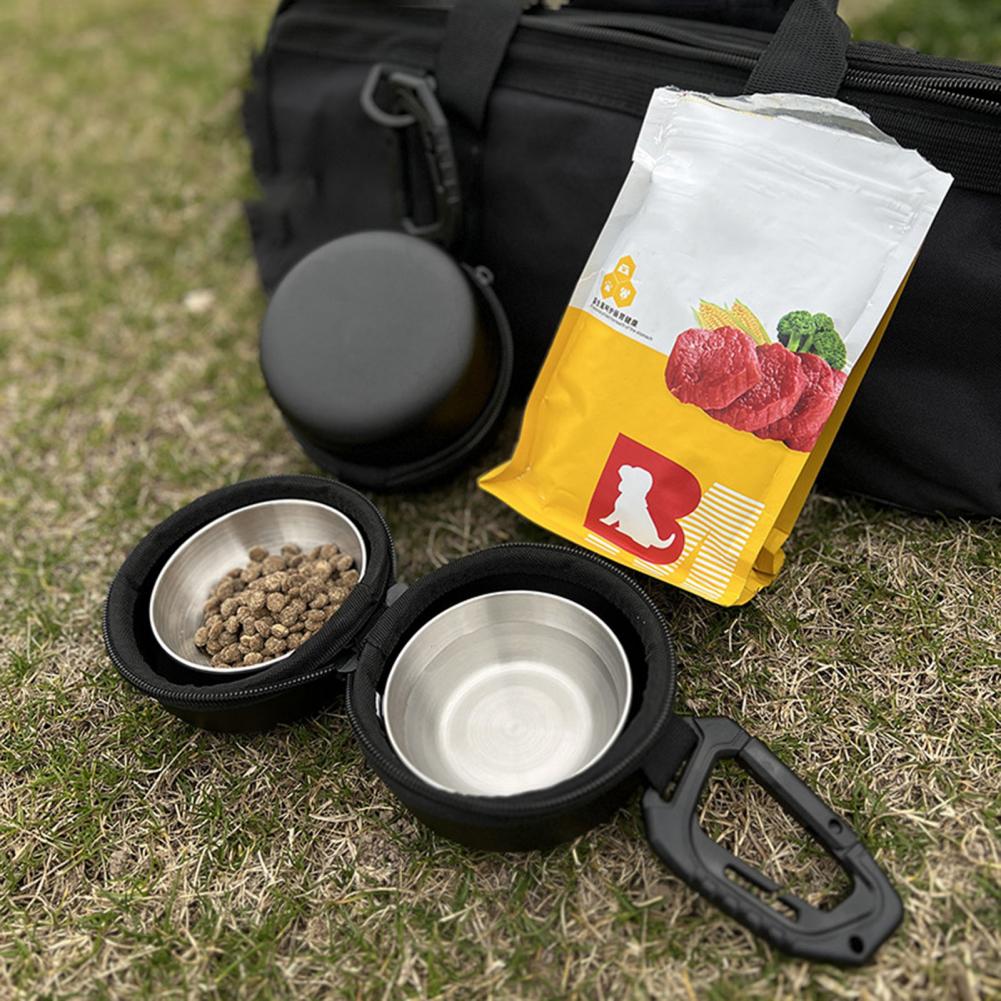 Dog Bowl with Double Bowl Design Stainless Steel Double Dog Bowls with Hanging Storage Bag for Camping Travel 2 1 for Outdoors