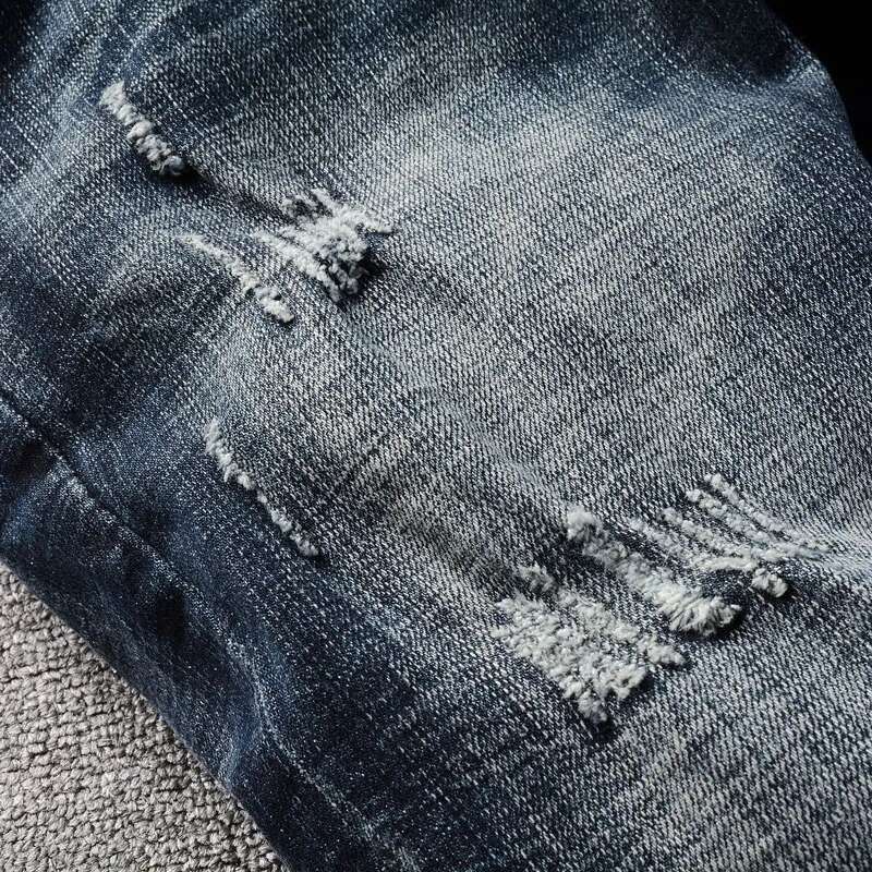 Italian Style Fashion High Quality Retro Black Blue Elastic Slim Fit Ripped Jeans Men Vintage Designer Denim Pants
