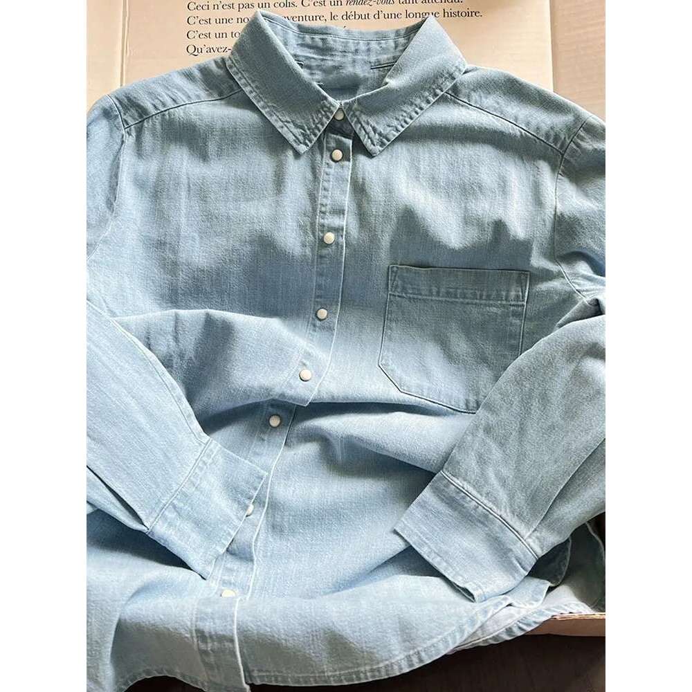 Women's Long Sleeve Irregular Denim Blouse Turn-Down Collar 2025 Summer New Female All-Match Single Breasted Shirt With Pocket