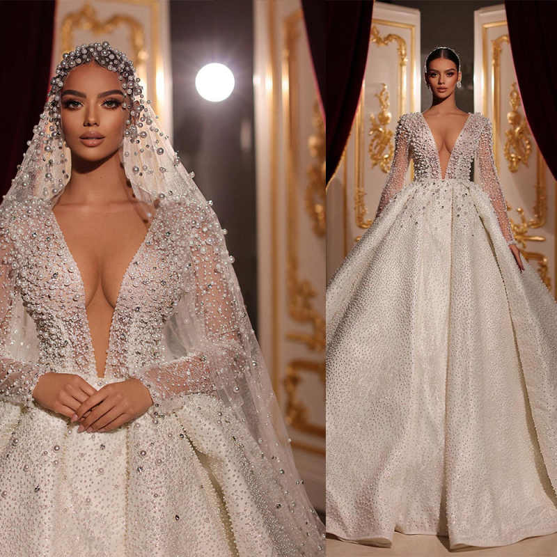A e Women Wedding V Neck Long Sleeves Bridal Gowns Sequins Pearls Lace Sweep Train Dress Custom Made