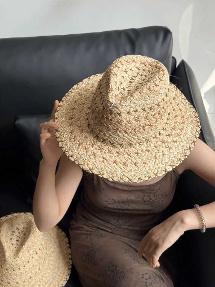 Raffia str Womens Bohemian Color Sewing str Hat Womens Sun Hat Beach Summer Vacation Panama HatXJ250304