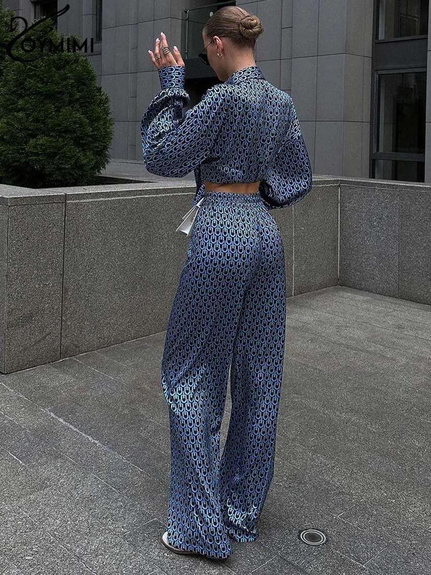 Casual Black Print 2 Piece Women Outfit Elegant Lapel Long Sleeve Button Shirts And Straight Full Length Pants Sets