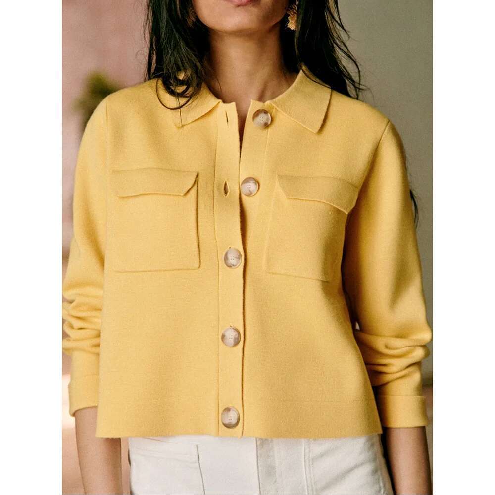 Sa Solid Color Jacquard Knit Cardigan Turn-Down Collar Long Sleeve Button Pocket Female Sweater Casual Cozy Ladies Top