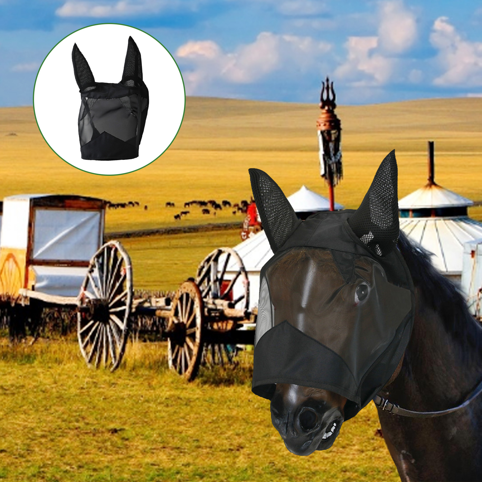 1pcs New Horse Anti Fly Mask Comfortable Breathable Horse Mesh Eye Nose Ear Anti Mosquito For Household Animal Horse Ornament