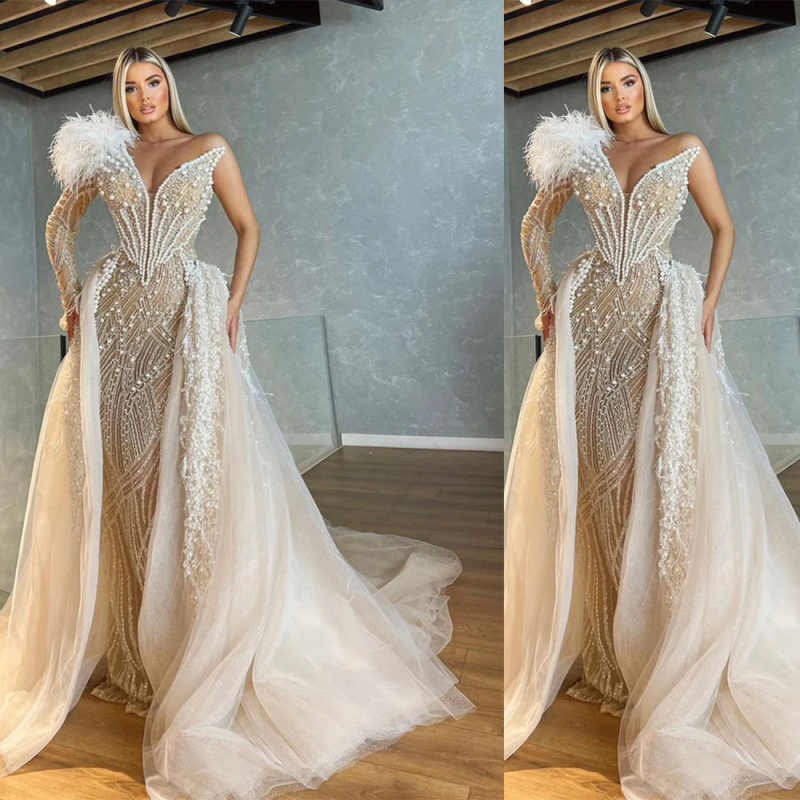 Plus Size Arabic Luxurious Wedding Dress With Detachable Train Pearls Beads Mermaid Bridal Gowns Sexy One Shoulder Bride Dress Customized