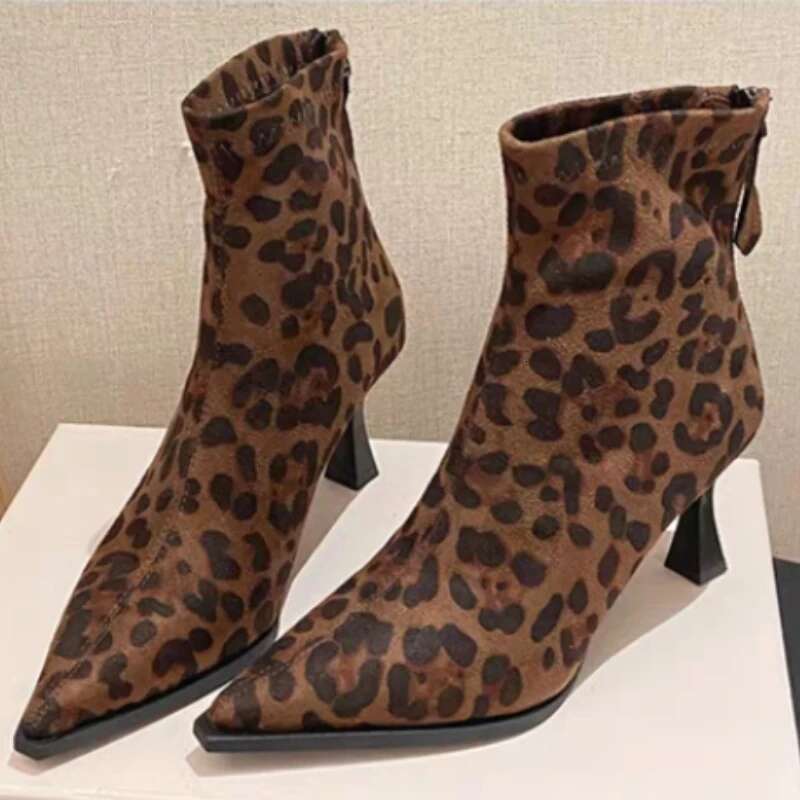 Boots 2025NEW Ankle Leopard Women Pointed Toe Ladies Chunky High heel Female Shoes Footwear Plus Size