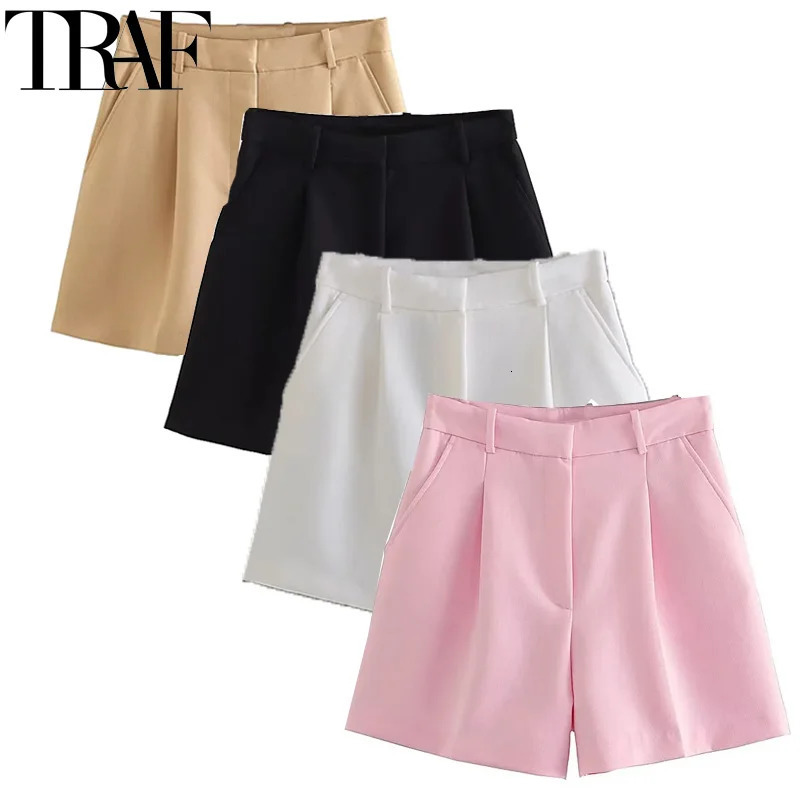 TRAF Female Shorts Black Pink Shorts Woman Summer Pleated Baggy White Shorts For Women Casual High Waist Short Pants 250303