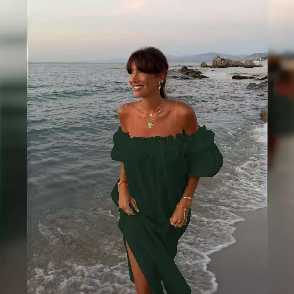 New European American solid color cotton en sexy one neck split vacation dress for women in 2025, with a unique and elegant temperament