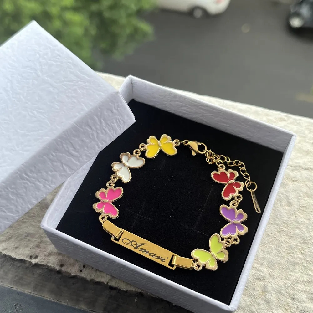 DUOYING Custom Nameplate Bracelet Butterfly Chain Personalized Enamel Colorful Charms Bangles For Kids Jewelry Gift 250304
