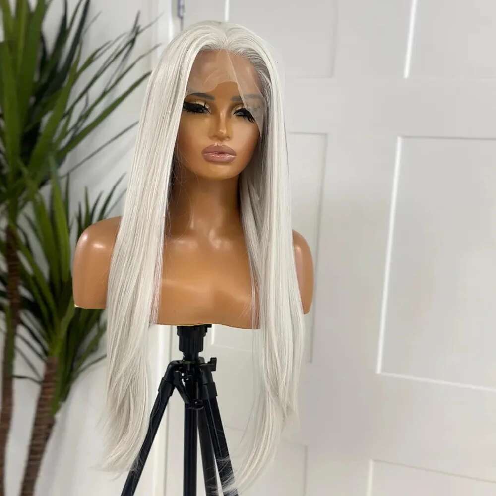13X4 Gray 26" Straight Sier Blonde Synthetic Lace Front Wigs For White Women 150% Density Preplucke Frontal Wig
