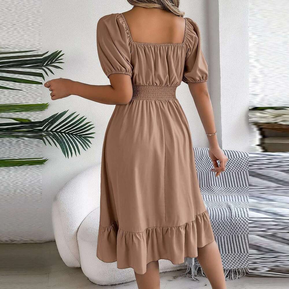 Elegant Women Spring Summer Puff Sleeve A e Vestidos Square Neck Tie Waist Ruched Casual Solid Long Dress