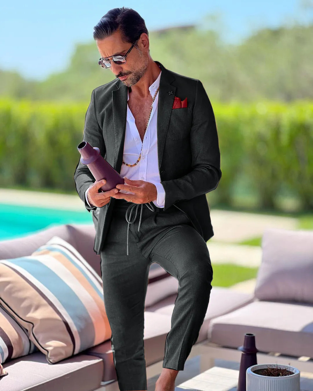 Linen single breasted mens suit two-piece summer jacket pants slim fit casual business wedding groom tailcoat formal work wear 250303