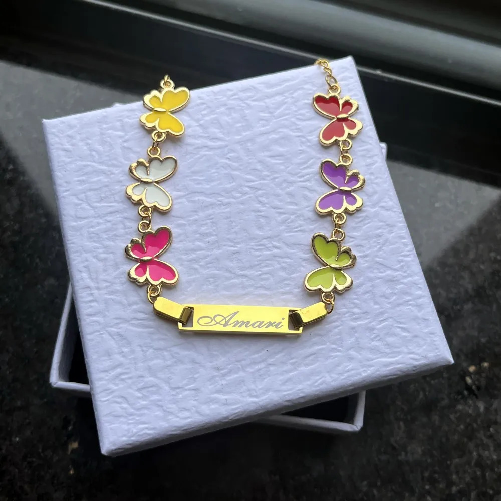 DUOYING Custom Nameplate Bracelet Butterfly Chain Personalized Enamel Colorful Charms Bangles For Kids Jewelry Gift 250304
