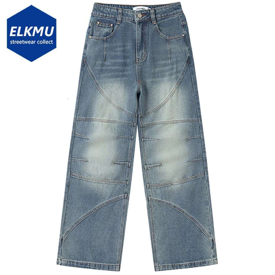 Men Hi Street Baggy Blue Loose Casual Straight Denim Pants Irregular Patchwork Streetwar Hip Hop Haruku Jeans For Male