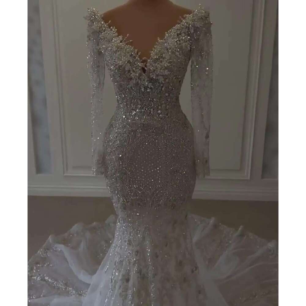 O Mermaid Wedding Dresses with Beads and Appliques, Lace V-Neck, Sleeves, Zippered Bridal Dress, Custom Made
