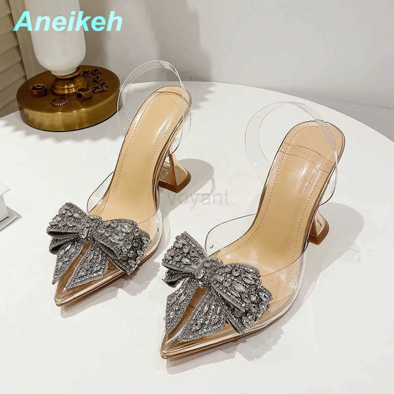 Aneikeh 2023 Summer Wen Fi Shoe Sexy High Heel Ankle Slingbacks Buckle Strap Pointed Toe -Knot Decorati Pumps Z250304