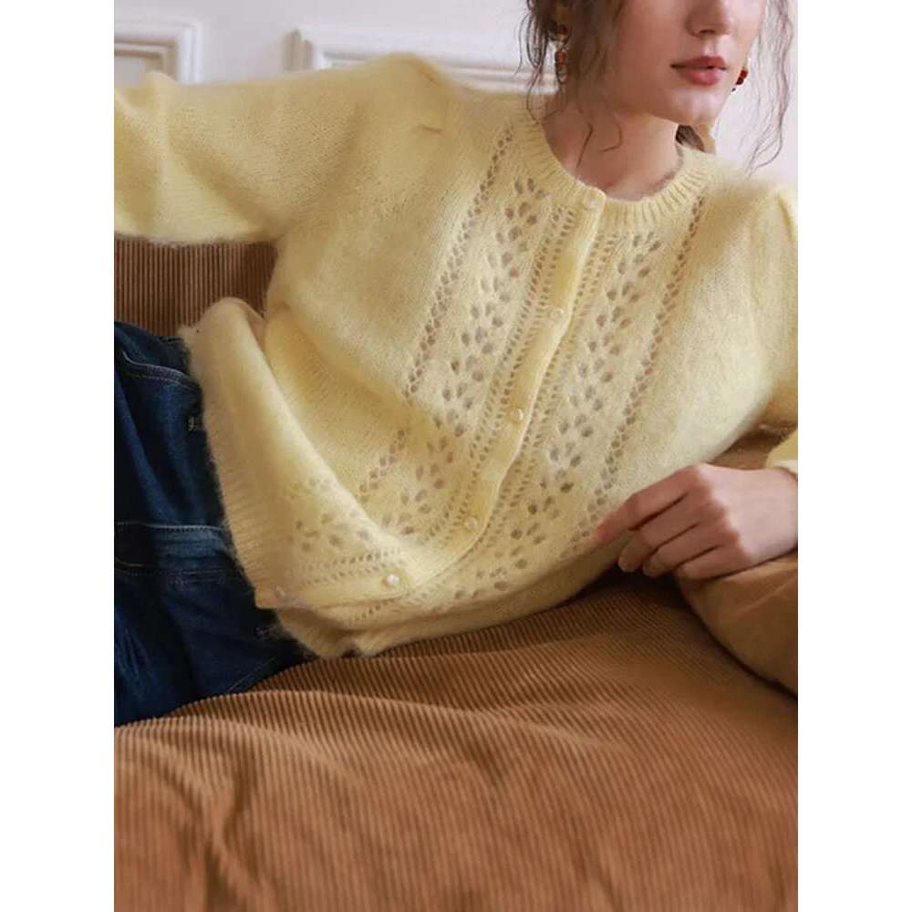 Women Hollowed Out Crochet Sweater O-Neck 2025 Spring Long Sleeve Solid Color Top Ladies Elegant Single Breasted Knit Cardigan
