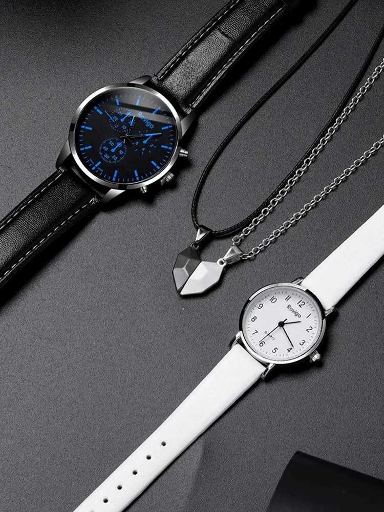 4pcs Fashion Versatile Creative Personalized Men and Women Couple Quartz with Pendant Necklace Combination SetXJ250304