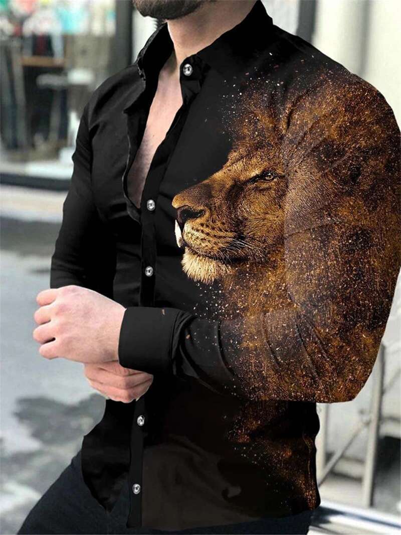 Summer Fashion Men's Shirt With Lapel Lion Print Designer Button Up Shirt Casual Breathable Comfortable Long Sleeved Top 2025 New Mens Personaliz
