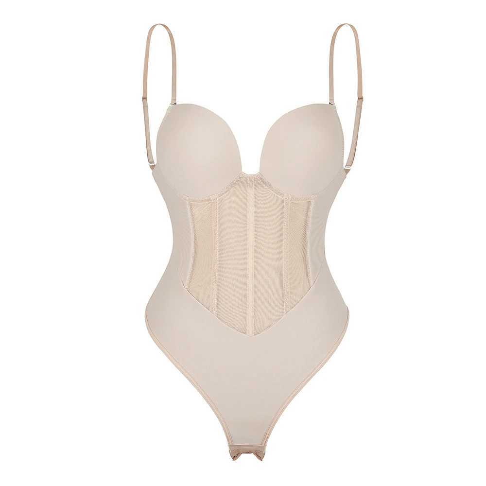 Womens Body Shaper Compression Bodysuit One Piece Backless Shapewear With Bra Corset Slimming Underwear Black BeigeXJ250304