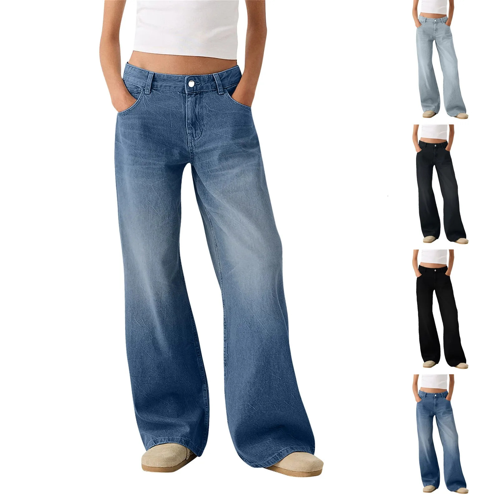 Womens Fashion Denim Jeans Retro Loose Straight Pants Mid Waist Button Pocket Trouser Casual De Mujer Pantalon 250227