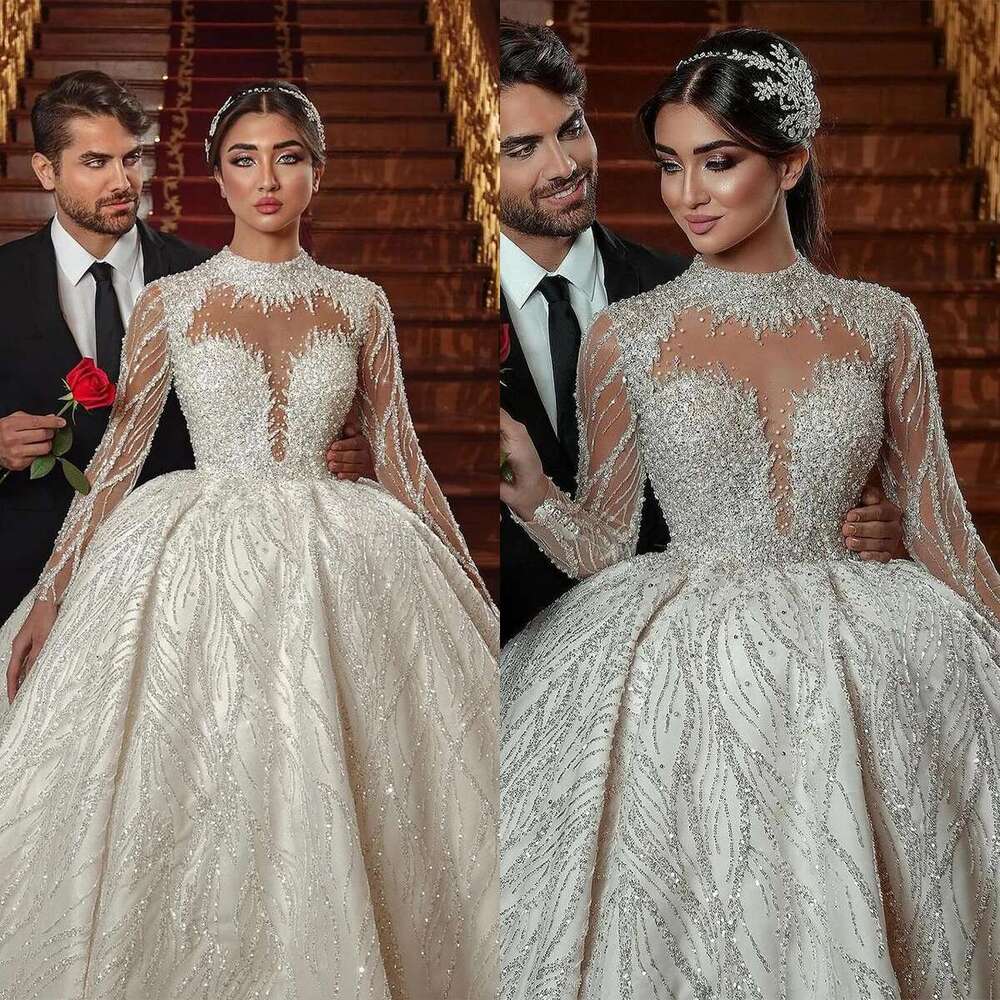 of Ball Gown Wedding The Neck Long Sleeve Applicator Beads Backless Satin Chapel Custom Novia Dresses