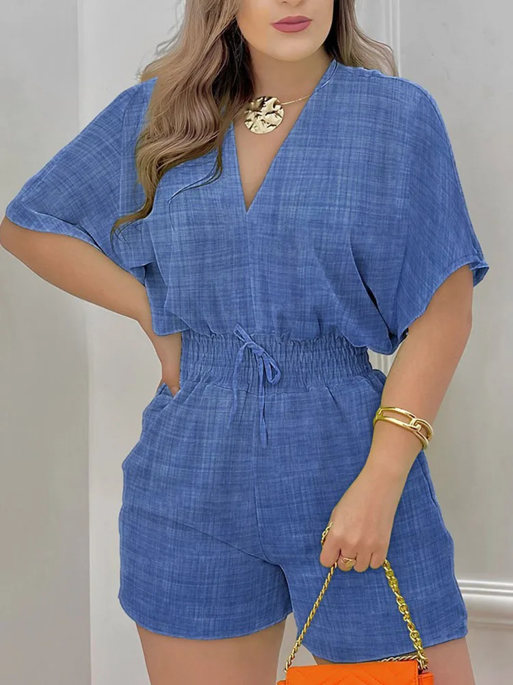Elegant Women Summer Jumpsuit Casual Short Sleeve V Neck Lace-up Print Romper Jumpsuit Shorts Womens Clothing Overalls Female 250303